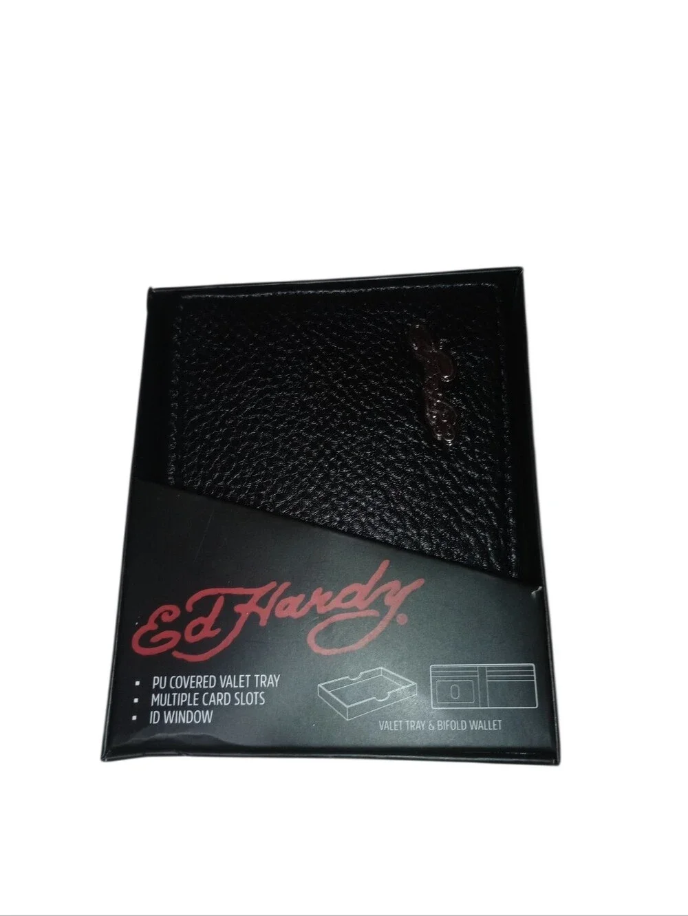 Ed Hardy Black Leather Wallet with Heart & Skull Graphic Gift Case, NWT